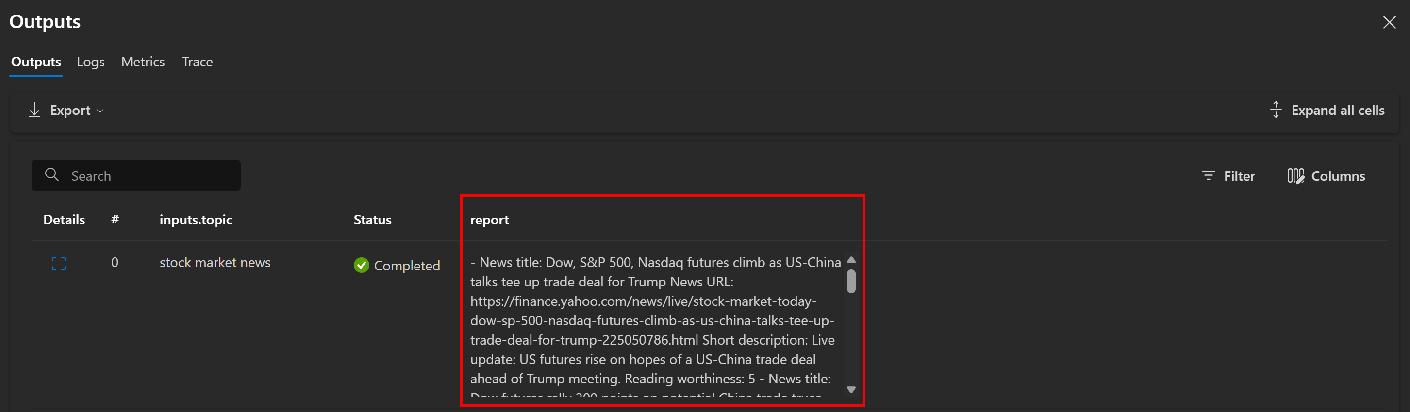 The Markdown report produced by the flow