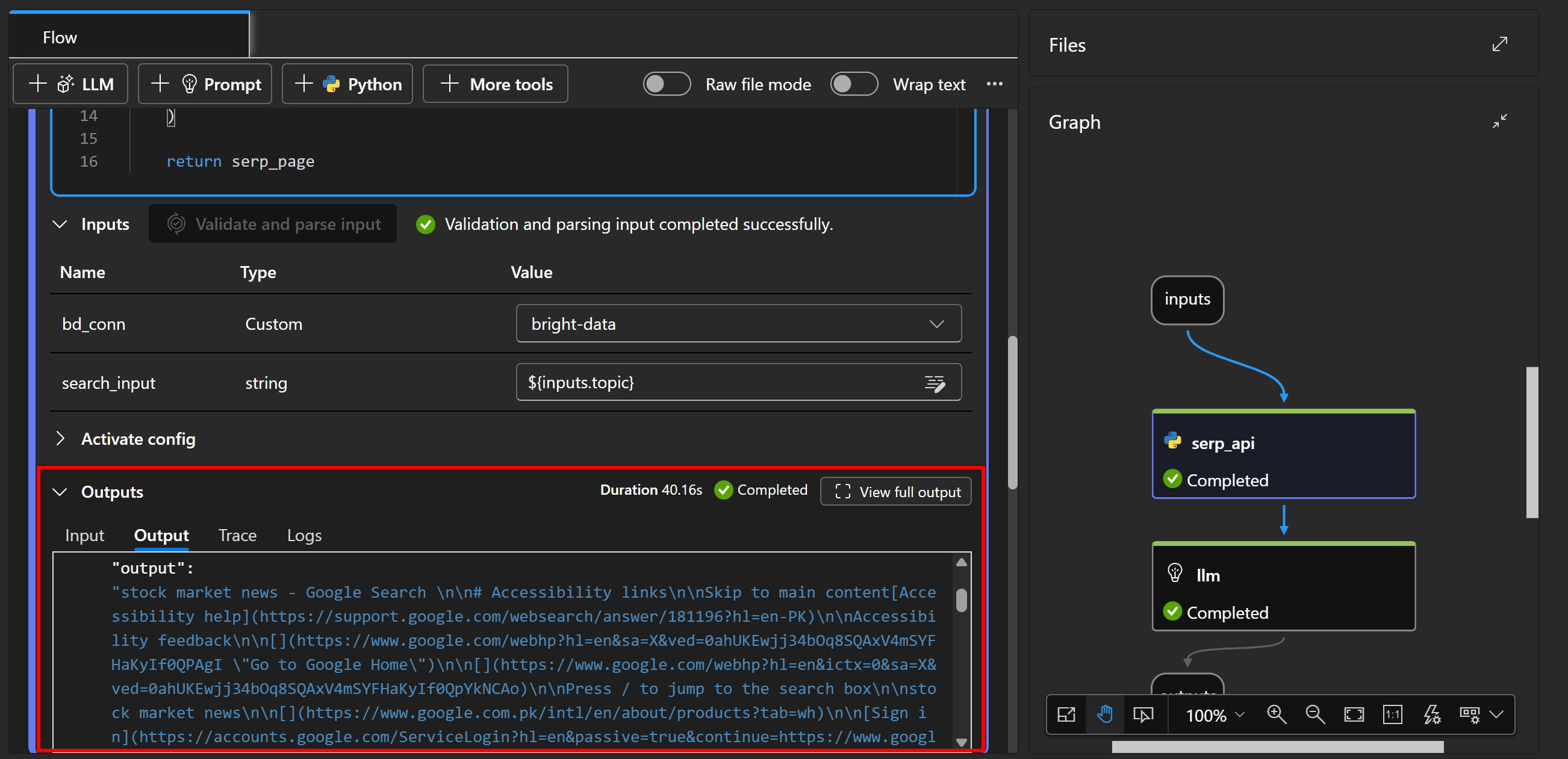 The output produced by the “serp_api” node