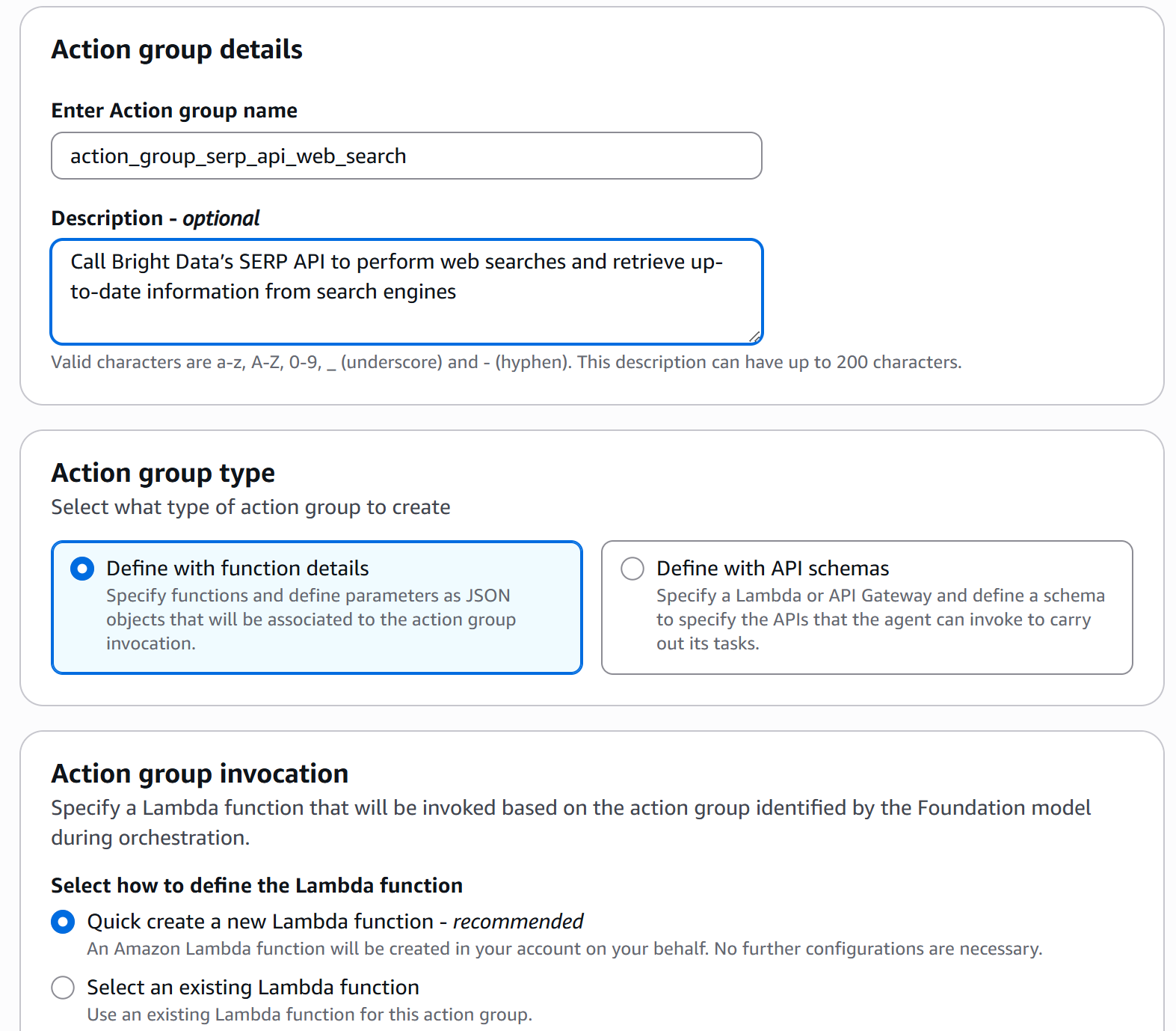 Filling out the action group form