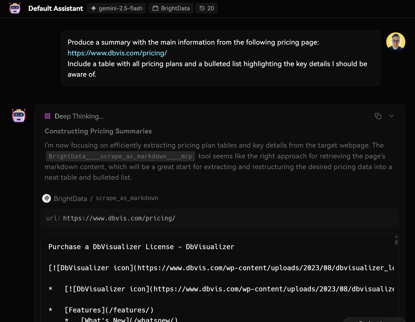 Note the scrape_as_markdown tool request and response