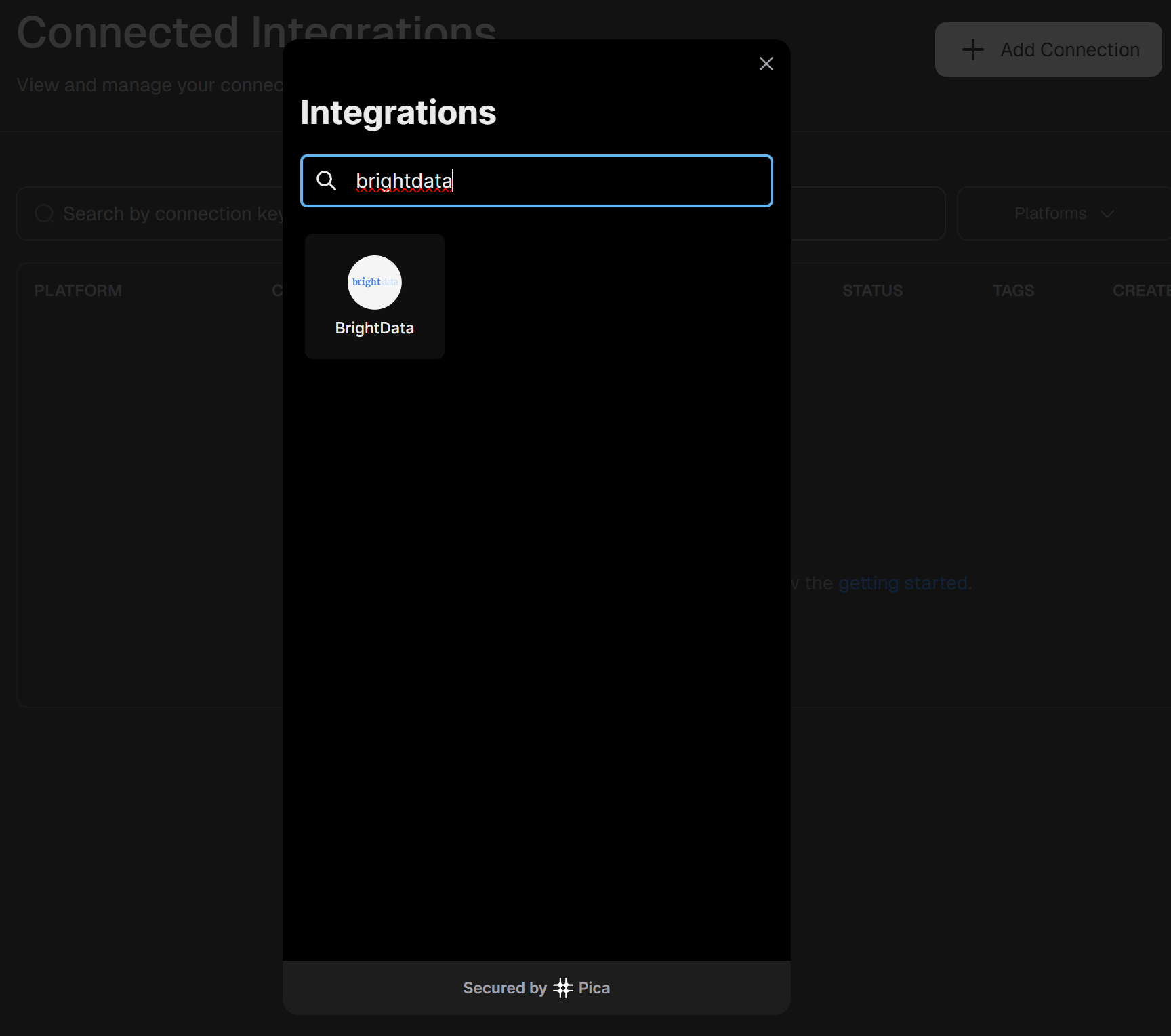 Searching for “brightdata” in the “Integrations” modal