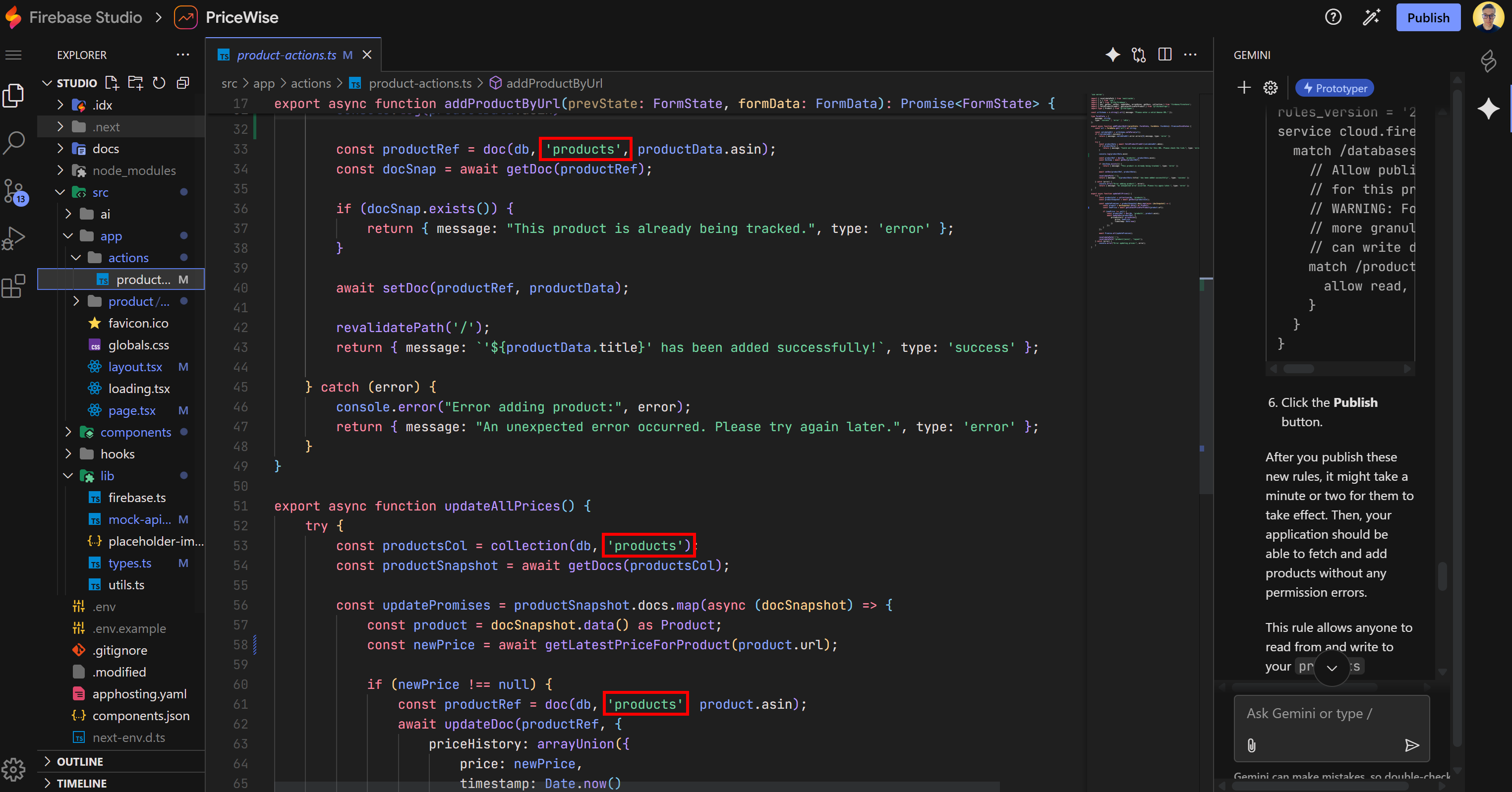 Note that the collection name is ‘products’