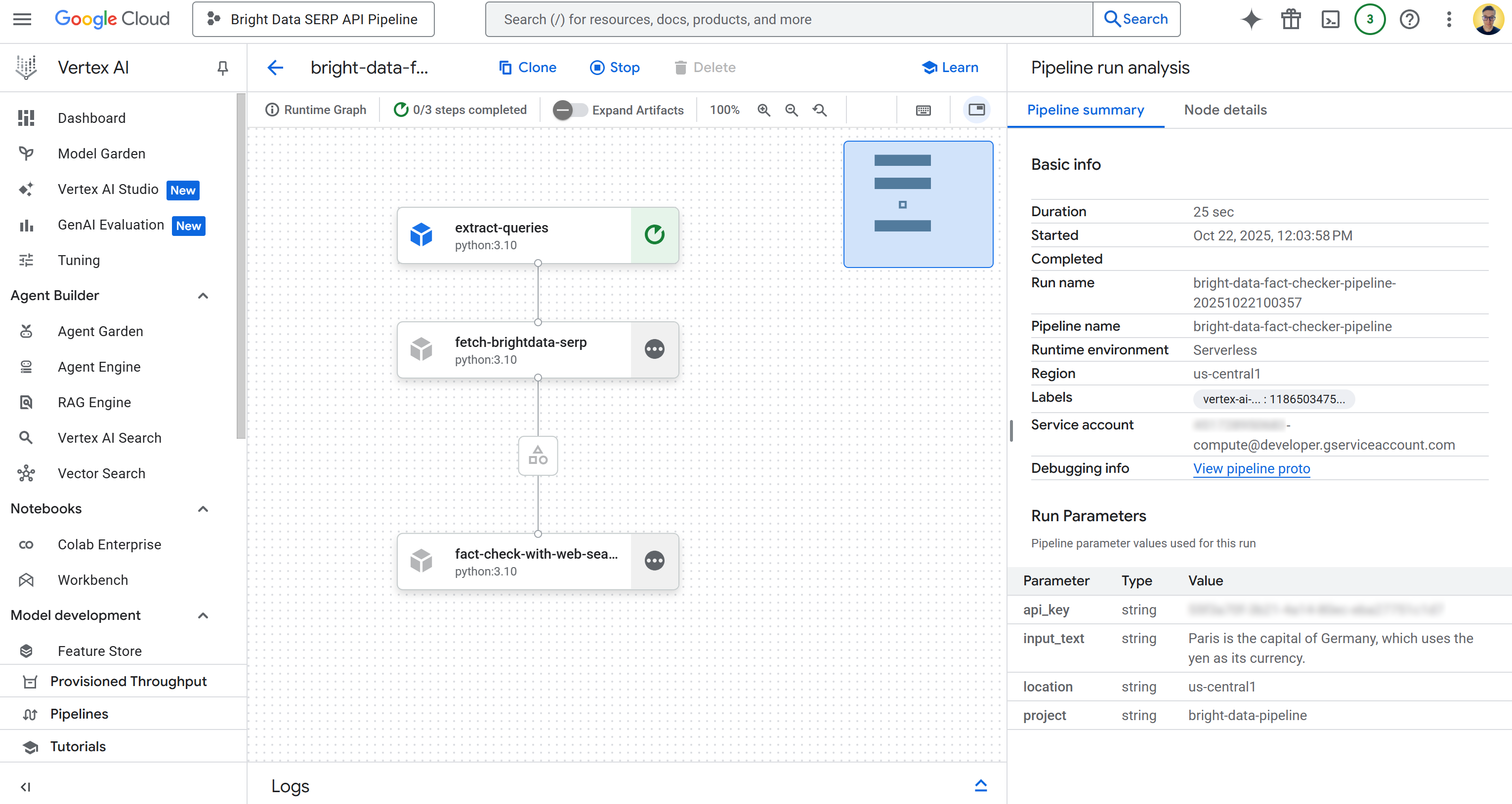 The pipeline job execution page