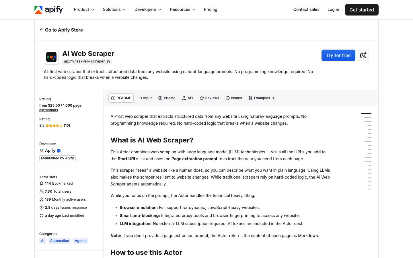Apify AI Web Scraper アクターページのスクリーンショット。Apifyプラットフォーム上のノーコード・自然言語駆動のスクレイピングツールを示している。