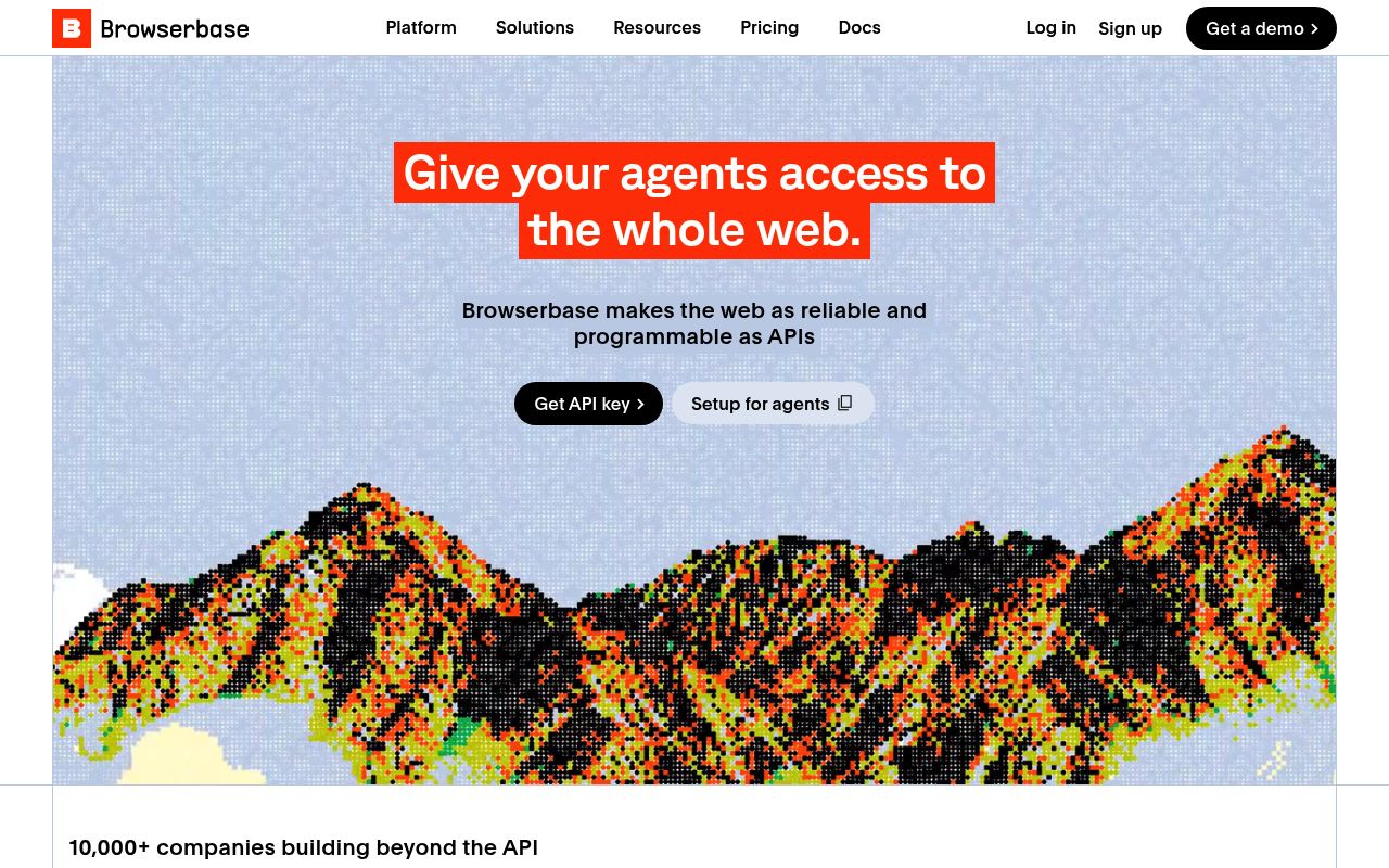 Browserbaseクラウドヘッドレスブラウザプラットフォームのホームページのスクリーンショット。AIエージェントインフラとステルスブラウザ機能を示している。