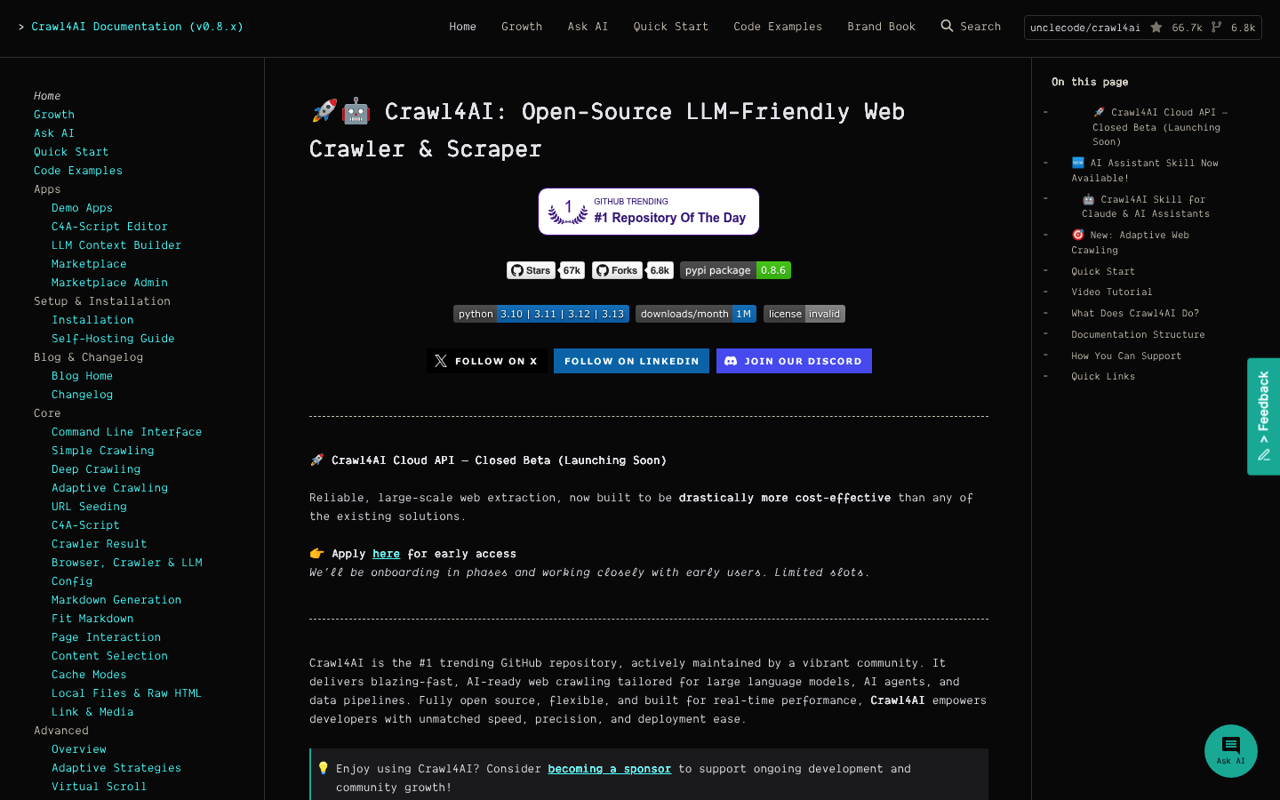 Crawl4AIオープンソースウェブスクレイピングライブラリのホームページのスクリーンショット。ドキュメントと主要機能を示している。