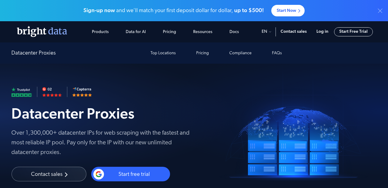 Bright DataのウェブサイトのDatacenter Proxiesページ