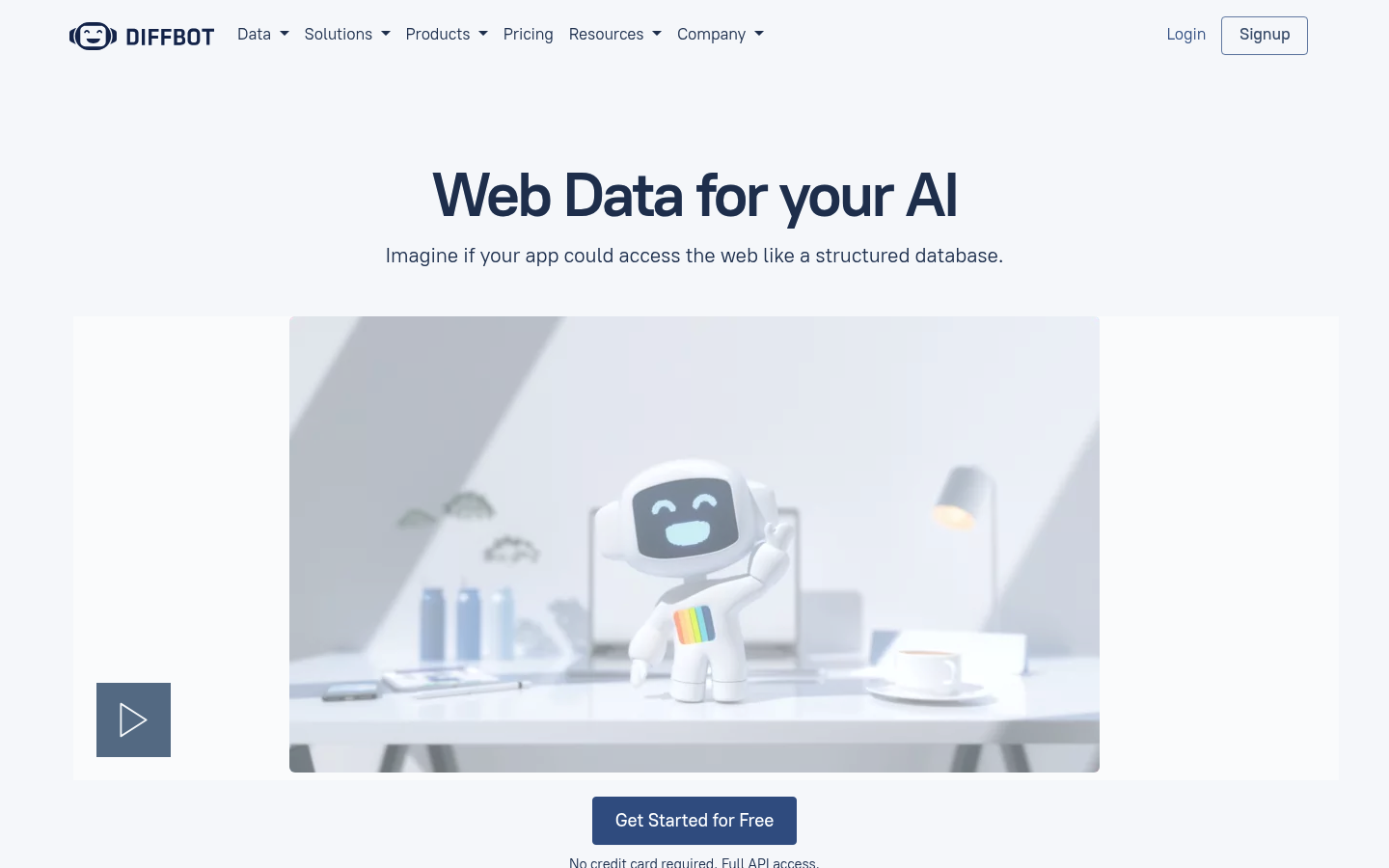DiffbotホームページのスクリーンショットAI活用ウェブデータ抽出プラットフォームとKnowledge Graph製品を示している。