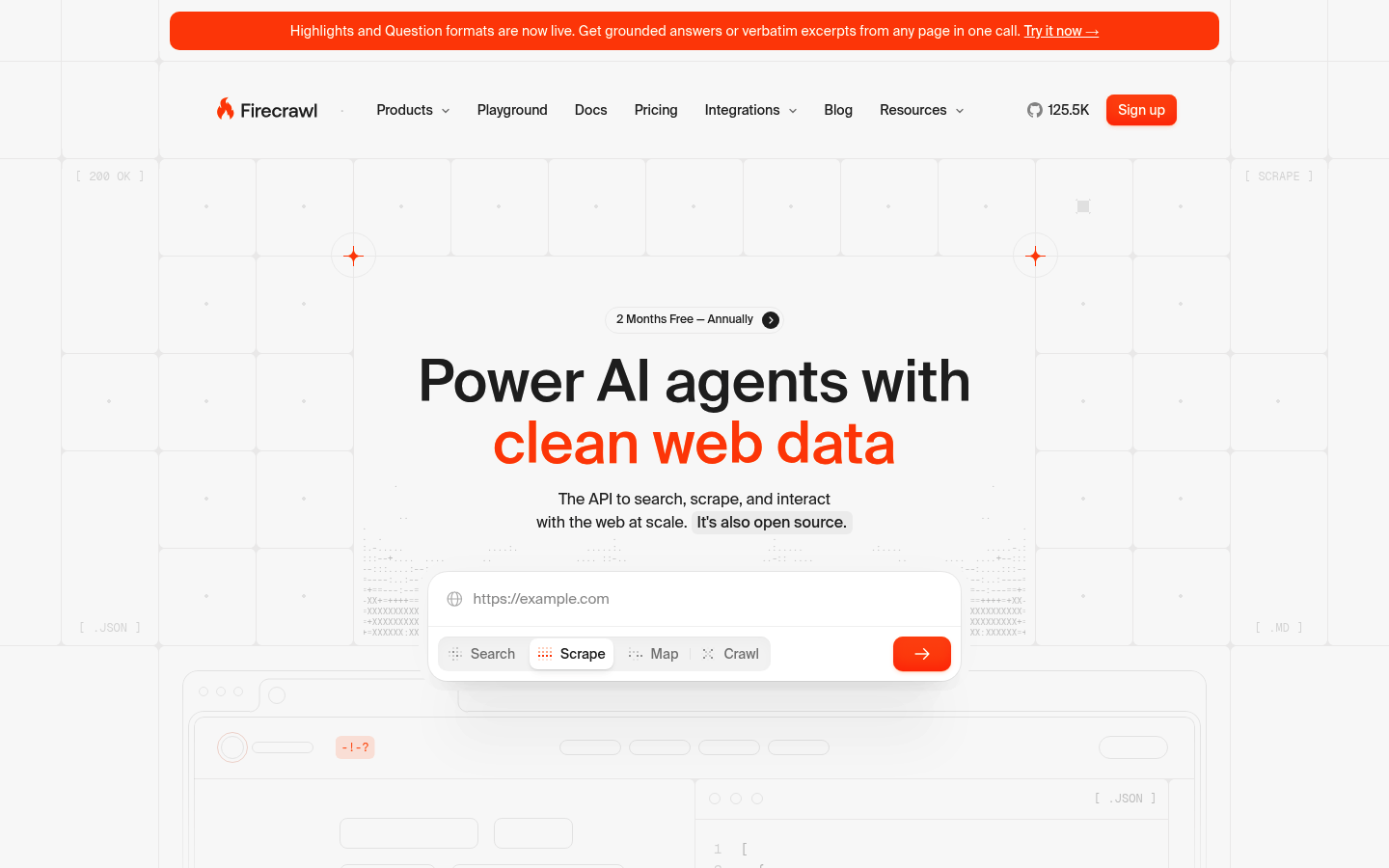 Firecrawlホームページのスクリーンショット。デベロッパー向けAIウェブスクレイピングAPIプラットフォームの価格と機能概要を示している。
