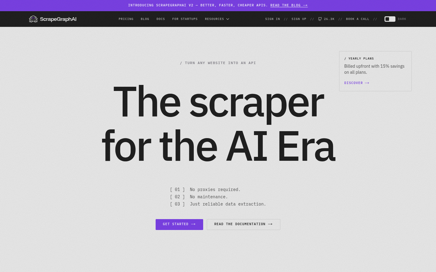 ScrapeGraphAIホームページのスクリーンショット。AIネイティブなウェブスクレイピングAPIとオープンソースライブラリを示している。