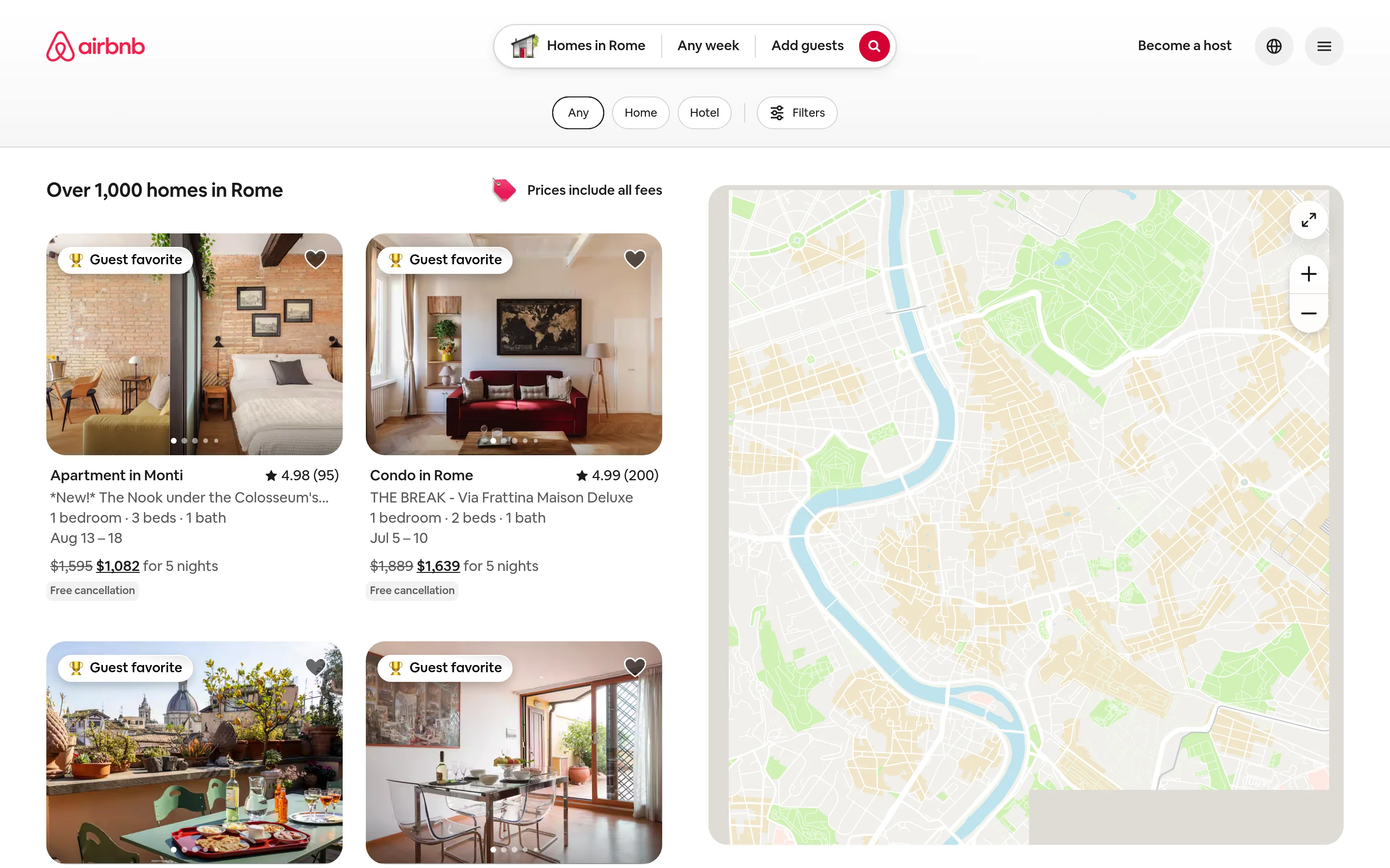 ブラウザが表示するAirbnb検索結果