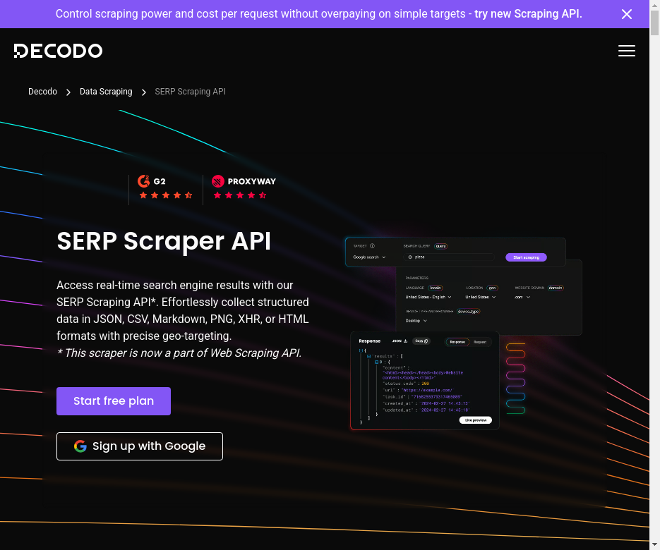 Decodo SERP Scraper APIページ