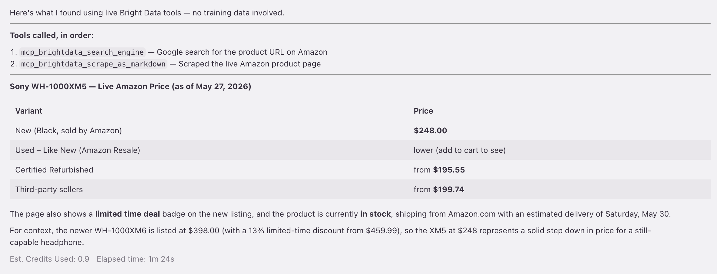 Kiroエージェント：search_engineとscrape_as_markdownを実行し、Sony WH-1000XM5のAmazonライブ価格$248.00と在庫状態を返します。0.9クレジット。