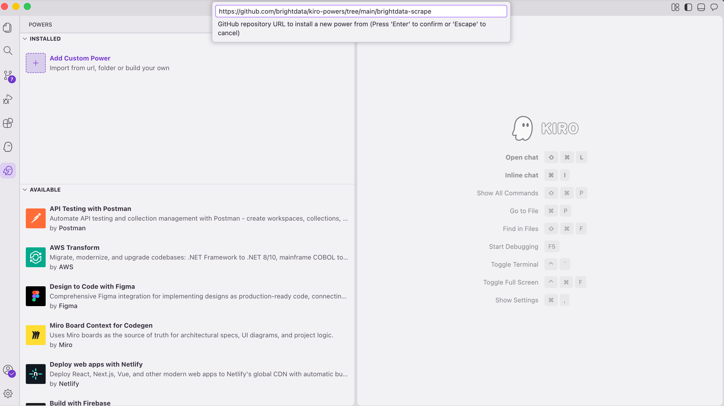 Kiroカスタムパワー追加モーダル：brightdata-scrapeのGitHub URLが入力フィールドに貼り付けられ、'Enterキーで確認'のヒントが表示されています。