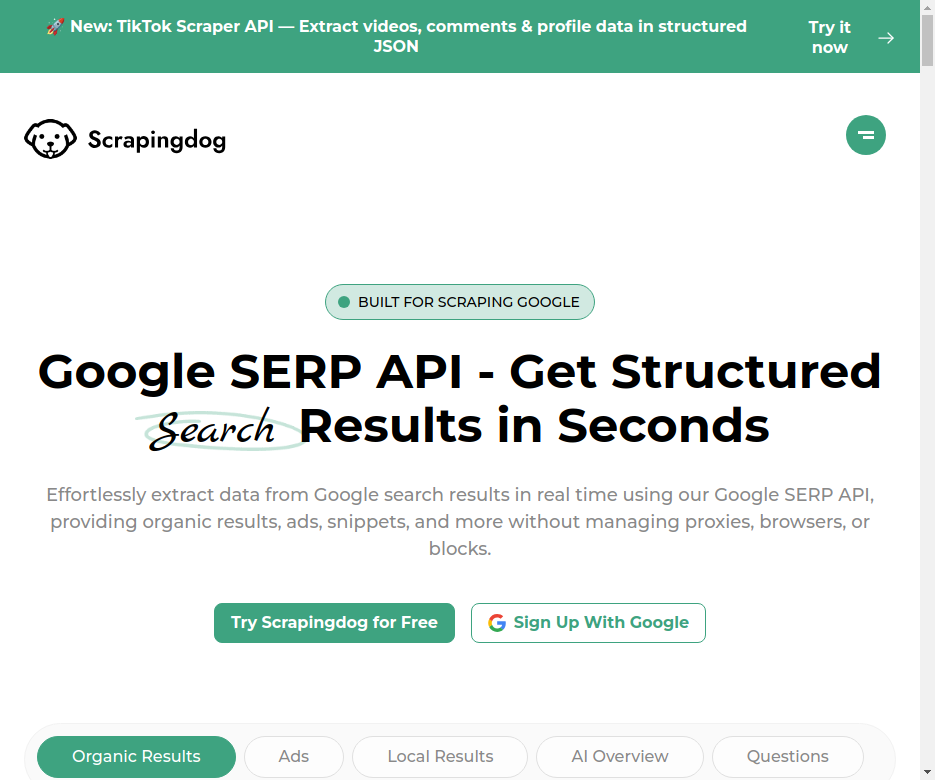 Scrapingdog Google SERP APIページ