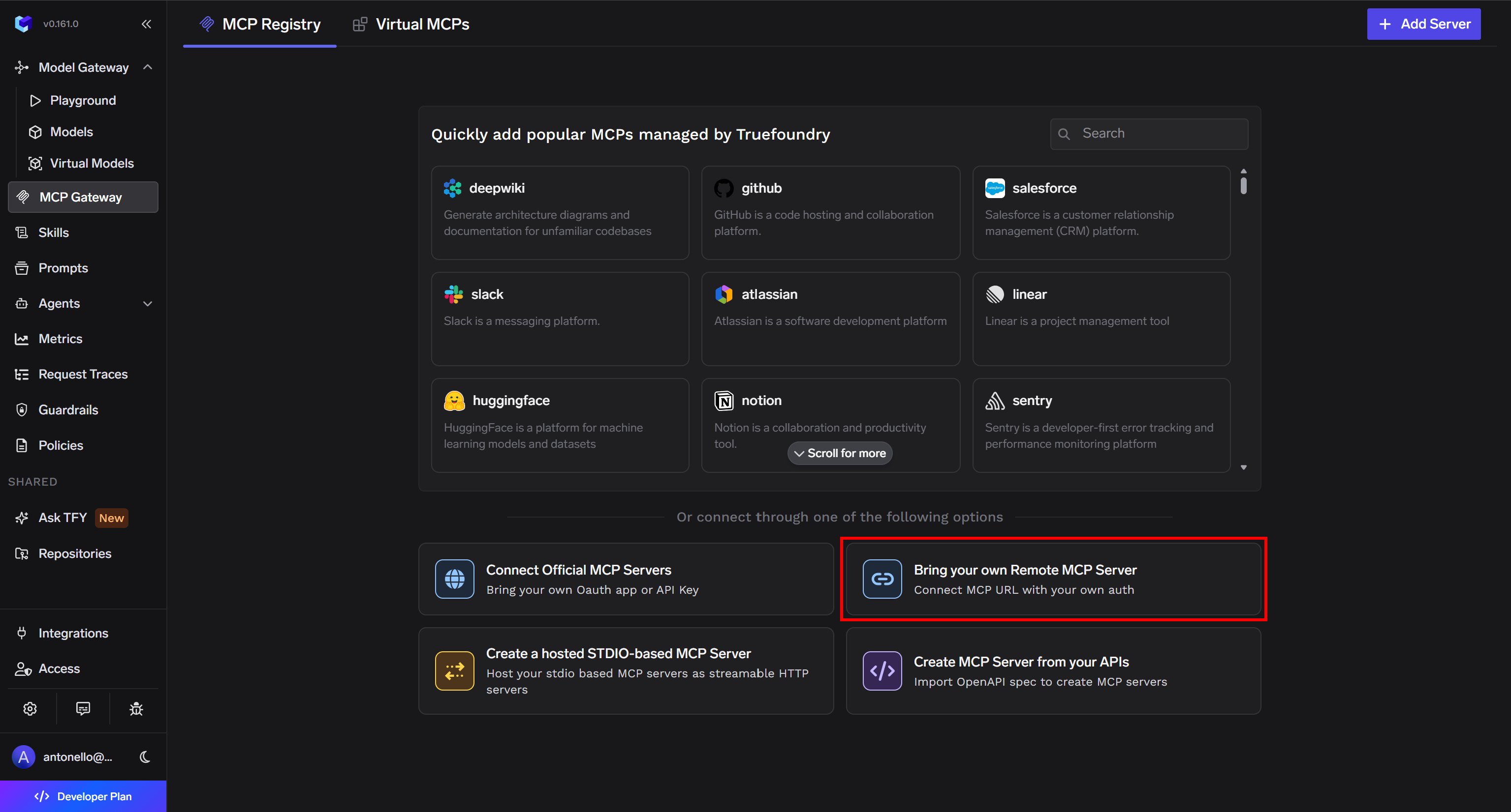 「MCP Registry」ページで「Bring your own Remote MCP Server」オプションを押す