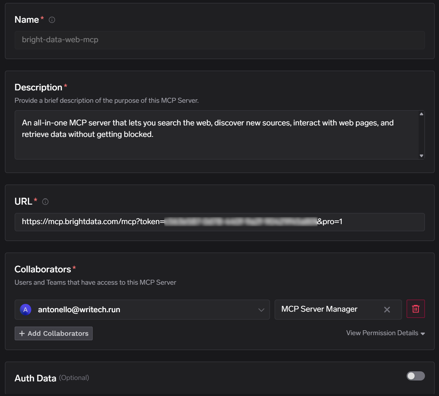 Bright Data Web MCP接続のための「Add New MCP Server」フォームへの入力