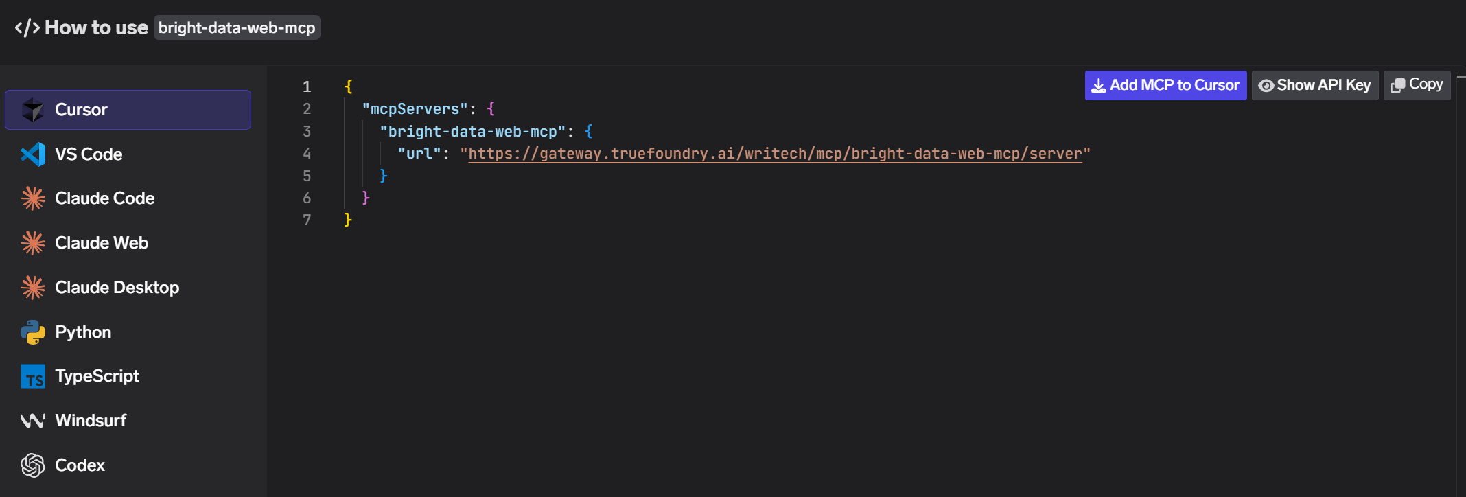 「How to use bright-data-web-mcp」セクションで公開される設定